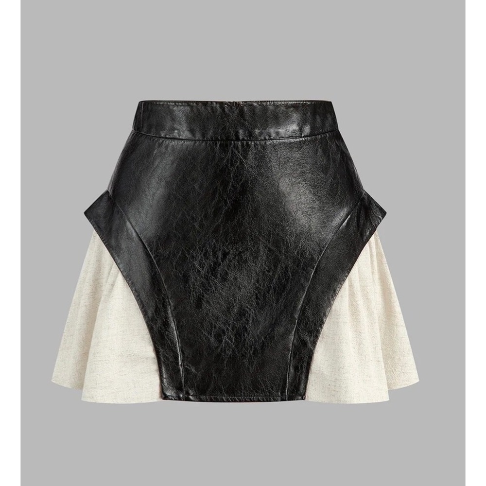 COMMENSE Faux Leather Mini Skirt Black Cream Y2K Moto Contrast Panel XS